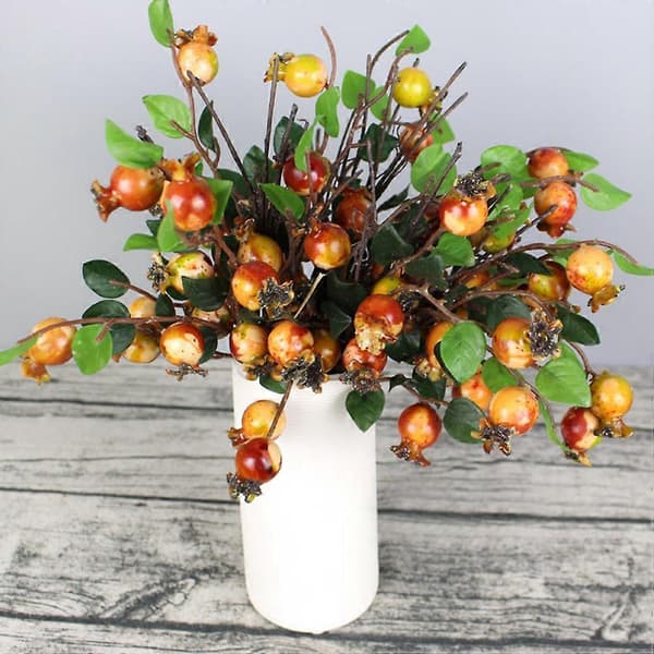 Gruppe af 5 kunstige hybenbær, simulation granatæblefrugt blomsterdekorationer (solnedgangsrød)