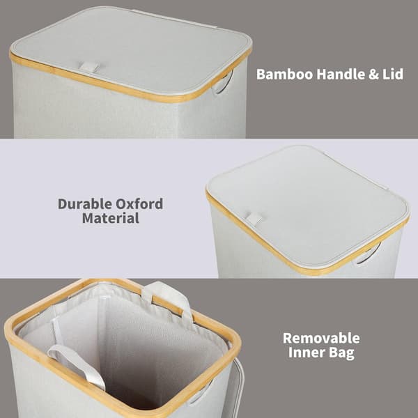 110 liter Laundry Hamper with Mesh Pocket and Lid (Beige), Bamboo Handles, XXL Foldable Laundry Basket