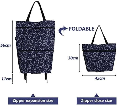 Foldbar Handlebag med Hjul, Vikbar Kvinnelig Gjenbrukbar Multifunksjonell Handlepose Reiseveske Stor Kapasitet