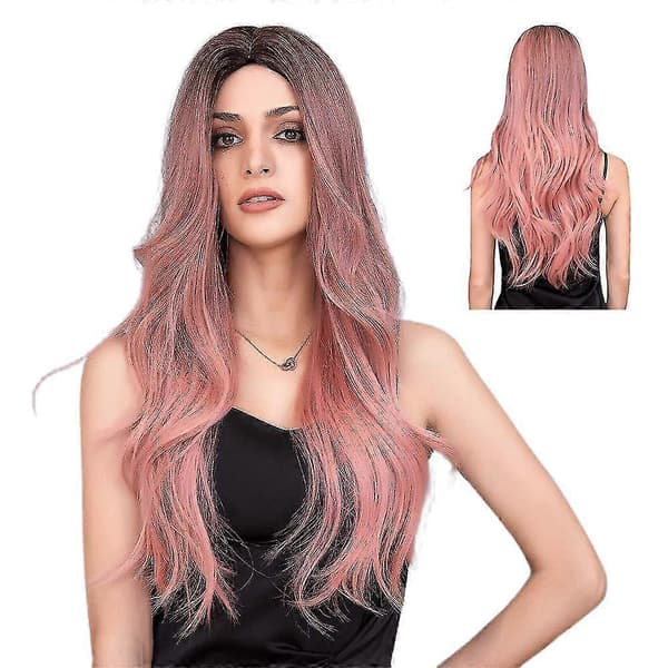 Lång Lockig Vågig Rosa Peruk Hår Hel Syntetisk Peruk Cosplay Daglig Fest Peruk