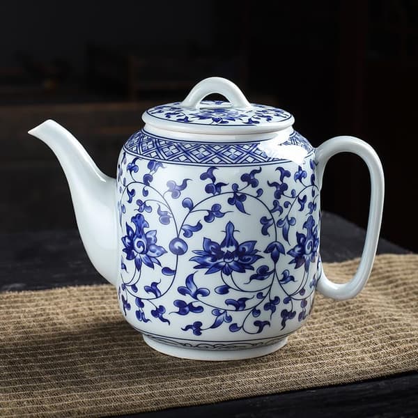 Keramisk tekande, blå og hvid tekande, kaffekande med låg, 828 ml -