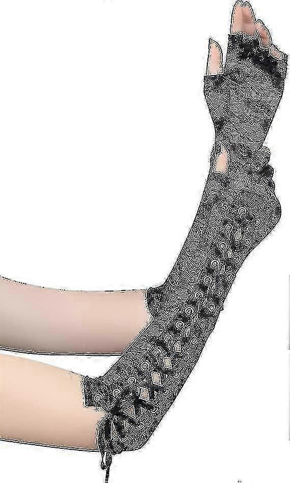 Steampunk Lace-Up Fingerless Gloves Adjustable Long Gloves For Evening Party (1 Pair, Black)