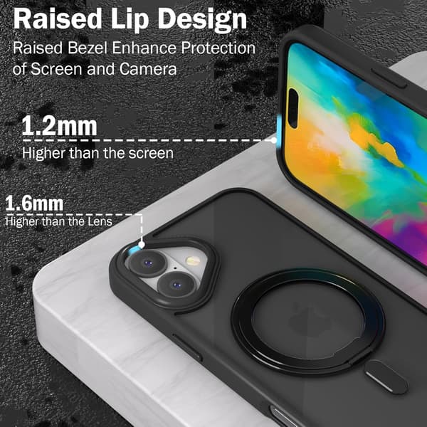 Magnetisk deksel for iPhone 16 eller 16 Plus [Kompatibelt med MagSafe], Transparent Slim Bakside med 360° Roterbart Ringstativ Grå Grey iphone16 Grey iphone16