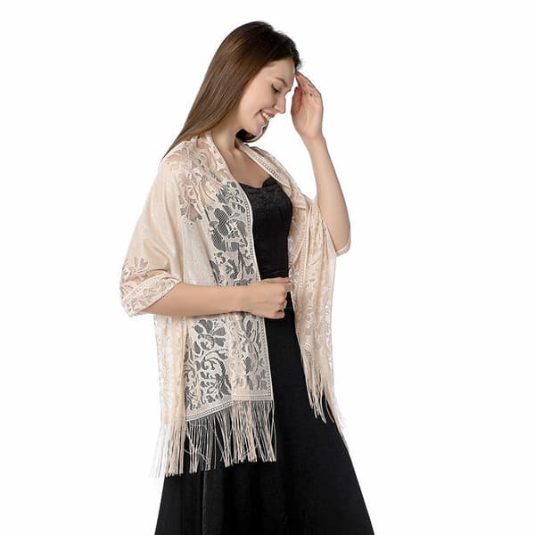 Women's Boho Lace Shawl with Tassel Soft Fringe Wraps for Wedding Evening P beige beige