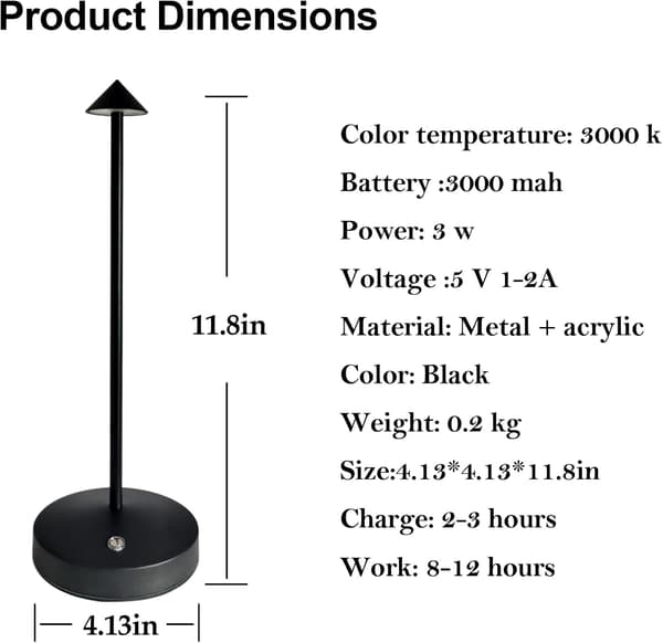 Cordless Table Lamp, Modern Black Battery Operated Desk Lamp, 2-Level Brightness Dimmable Bar Lamp, Battery Powered Aluminum Table Lamp