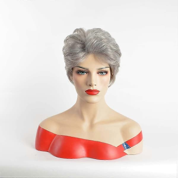 Kort grå parykk for kvinner Pixie Cut Grå Naturlig krøllete med lugg Syntetisk kort
