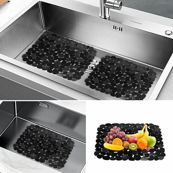 Sink Drain Protector, 2 Adjustable Sink Protector Mats, Black Stainless Steel Sink Mat, Dish Rack for Bathroom Kitchen Counter, 40 x 30 cm