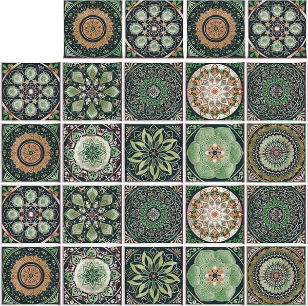 24 Pcs Mandala Tile Stickers Self-Adhesive Waterproof PVC Peel and Stick Wall Decor for Kitchen Bathroom 10x10 Cm