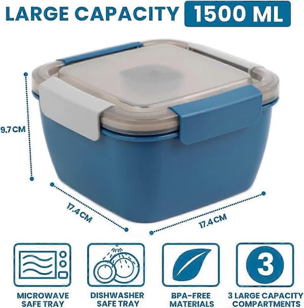 Lunch Box 1500ml, Bento Box Salad Container with 3 Compartments and Sauce Box, With Dressing Container, Lunch Box for Microwaves and Dishwashers, Blue