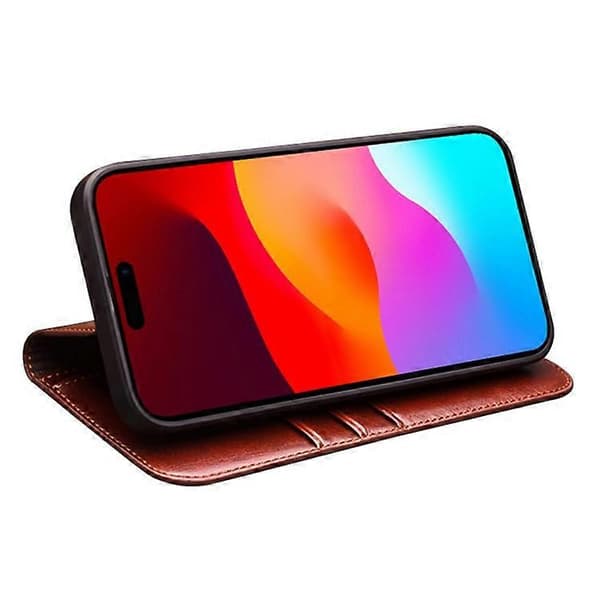 QIALINO Compatible For iPhone 15 Pro Shockproof Genuine Leather Flip Case Full Protection Wallet Case Stand Brown Brown