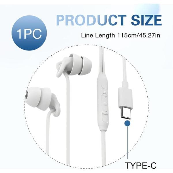 Sovehodetelefoner, Type-C In-Ear Støyreduserende med Mikrofon Volumkontroll (Hvit) Hvit White
