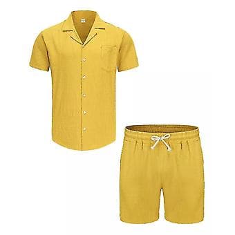 Herr 2-delat linneskjortset sommarstrandkläder (XL Gul)