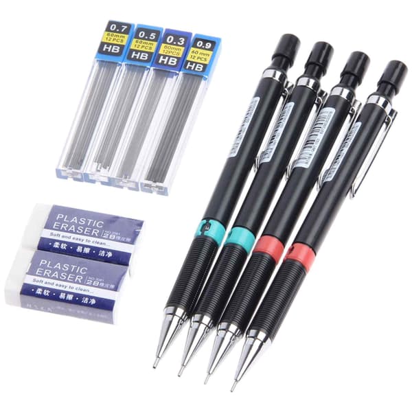 Mechanical Pencil Set, 0.3 0.5 0.7 0.9mm HB Mechanical Pencil Automatic Pencil Lead Pencil Architecture Drafting Pencil with Eraser Lead