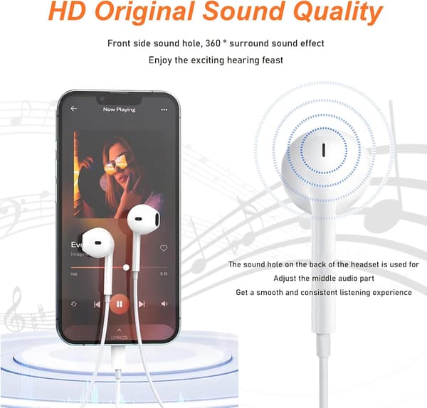 Kablede hodetelefoner med Lightning-kontakt, HiFi-lyd Stereo Hea