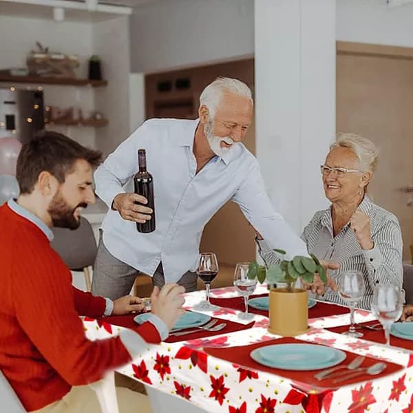 Julebordsduk Sett med 3 Juleblomstbordsduker 150 x 220 cm Xmas Rektangulær Fest Vanntett Bordsduk for Vinterferiefest Flik