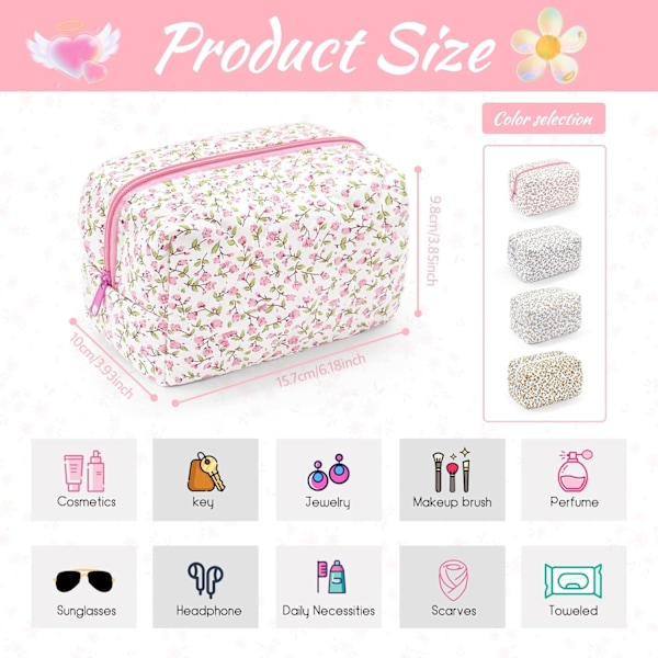 Lille makeup taske, bomuld bærbar toilet taske, quiltet blomstret kosmetik taske vaske organiseringspose til kvinder piger damer Pink
