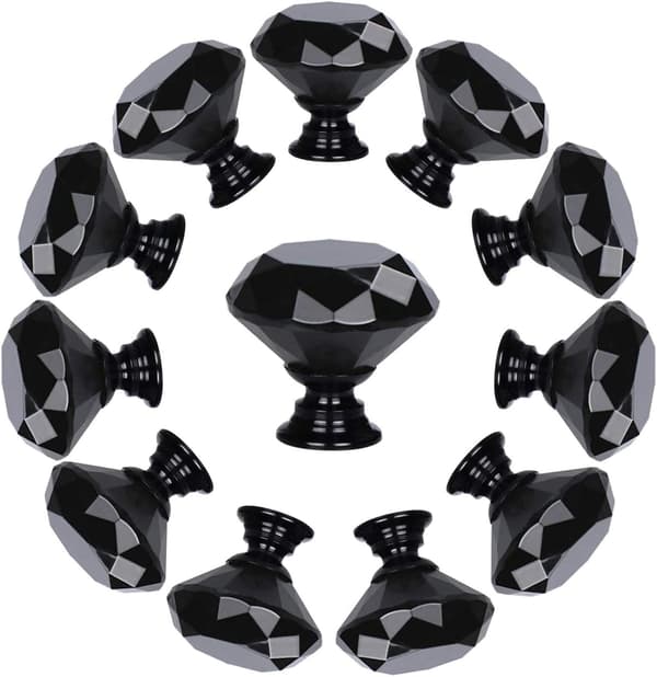 10-pakning knotter til skuffer, diamantformet krystallglass (30 mm, svart)