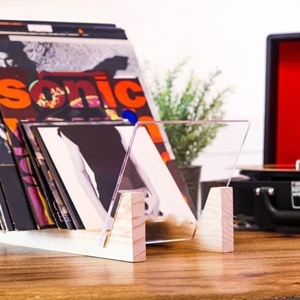 Large Capacity Vinyl Record Storage Rack with Clear Acrylic Ends Modern Solid Wood LP Album Desktop Stand Dark Khaki