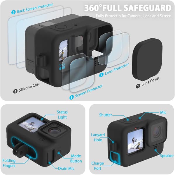 Case Set for Go Pro Hero11/ 10/ 9, including side cover and lens cap