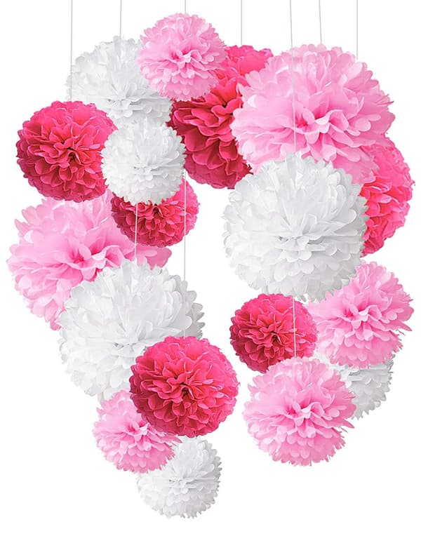 Sortiment av 18 rosa, hvite og elfenbensfargede pomponer i silkepapir