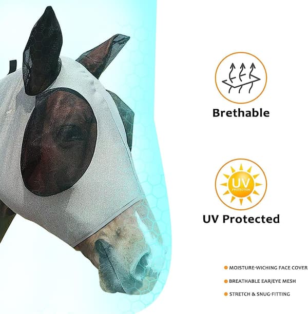 Horse Fly Mask with Ears for UV and Fly Protection, Comfortable Stretchable Suitable for Most Large Horses