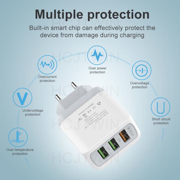 LED 3USB QC3.0 hurtiglader for mobiltelefon, multi-port ladeadapter, europeisk standard