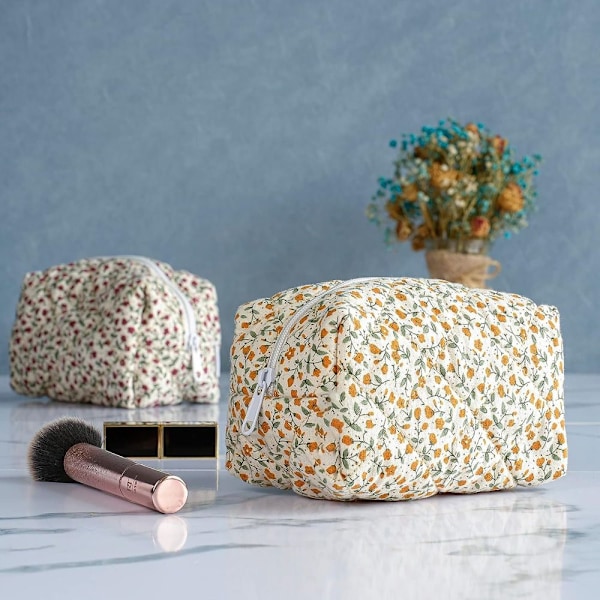 Blomstermønstret Puffet Quiltet Makeuptaske Stor Rejsetaske BLÅ BLUE