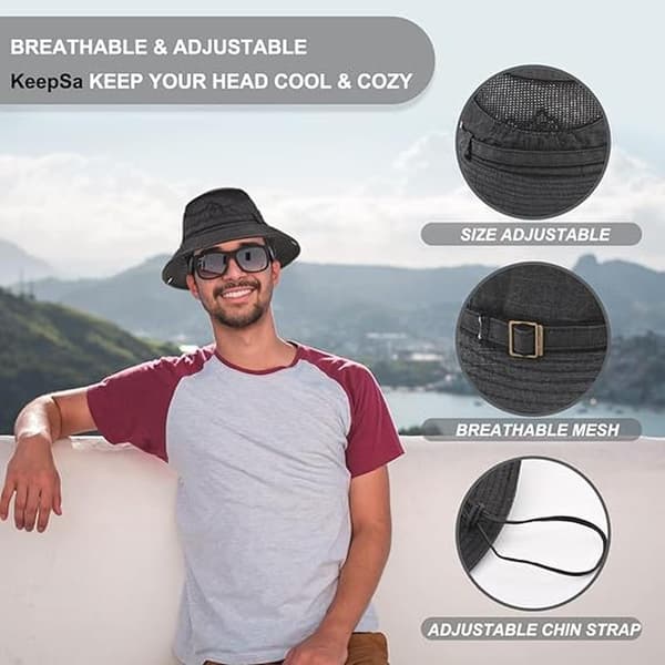 Bomuldssolhat UV-beskyttelse Sommerhatte Strandhat Safari Boonie Hat Sammenfoldelig Fiskehat med Åndbart Mesh og Justerbar Hagestrop Sort Black