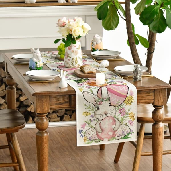 Table Runner with Rabbit, Eggs and Flowers for Easter, Seasonal Spring Kitchen Table Decoration 33x183 cm