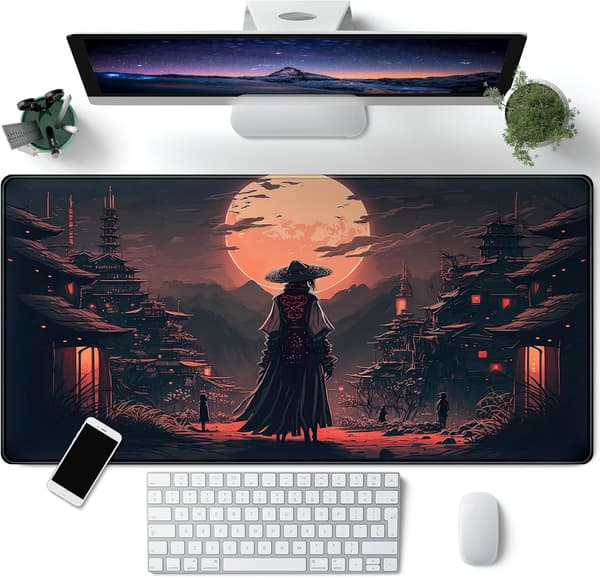 Japansk landskapsskrivebordsmatte, måneskinn, samurai-musematte, 31,5 x 15,7 tommer, mørk estetisk skrivebordsmatte, spillmusematte, utvidet