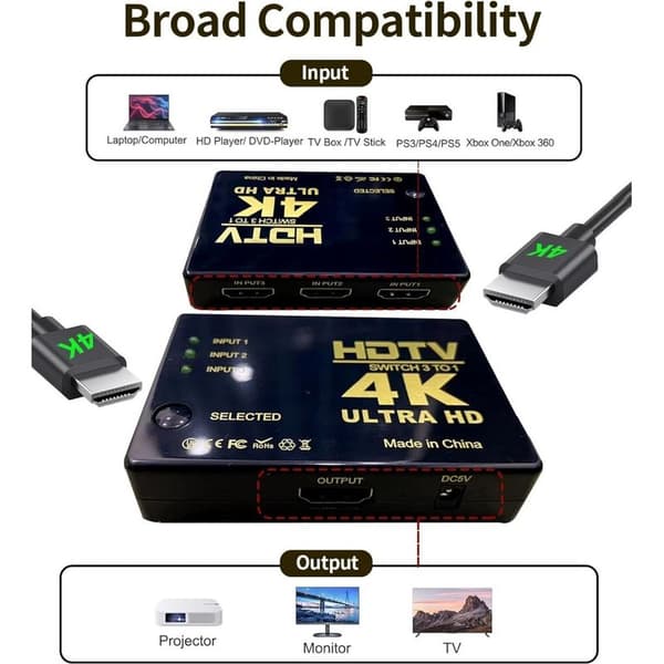 3x1 4K HDR HDMI Switch with Remote Control - 3 Inputs 1 Output Ultra HD Selector