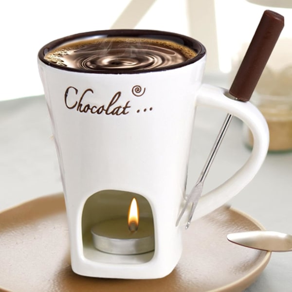 Tuikkukynttilällä toimiva fondue-setti, keraaminen sulatusastia suklaalle ja jälkiruoalle Beige