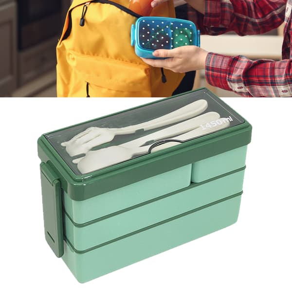 Grøn Bento Box Voksen Madkasse 3 Lag Stabelbar Madbeholder med 4 Rum til Arbejde Skole Picnic-FA-