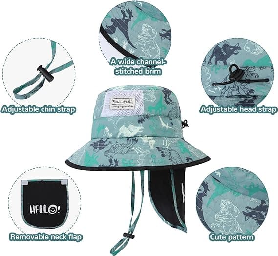 Solhatt Barn Sommar Bucket Hat Bredbremmet Strandhatt med Hakestropp UPF50 Dinosaur Flap Cap for Barn 2-10 År