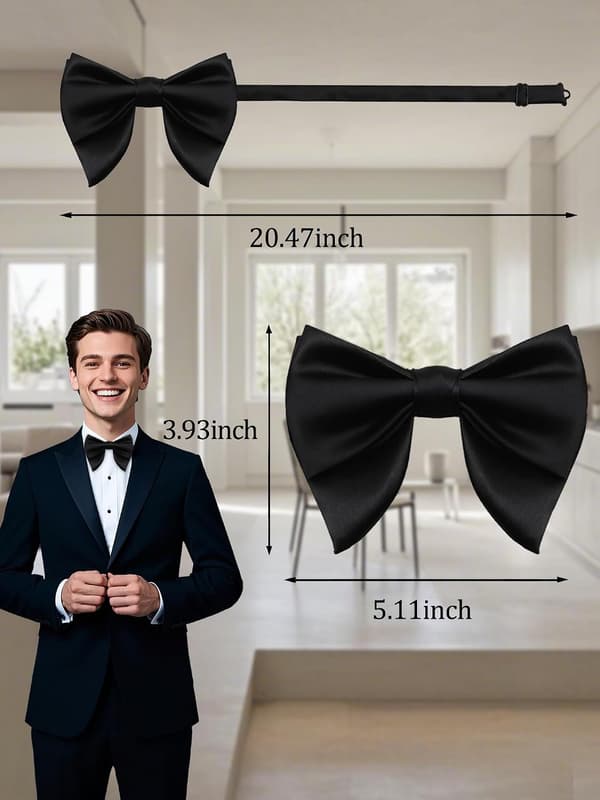 Sorte butterfly til mænd, clip-on, overdimensioneret, forhåndsbundet, justerbar til bryllup, dimission, middag - Black