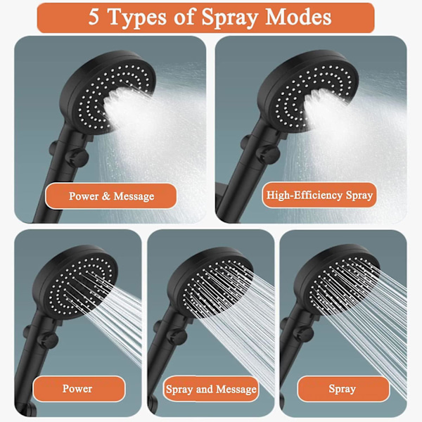 Suihkupää suodattimella, korkeapaineinen veden säästävä suihkun suutin, pysäytyspainike, 5 säädettävää suihkutilaa