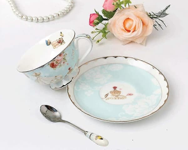 Fine benporcelæn tekopper og underkopper, pastelblå blomstret design kaffekrus tekopper sæt med gaveæske til kvinder mor, 200 ml