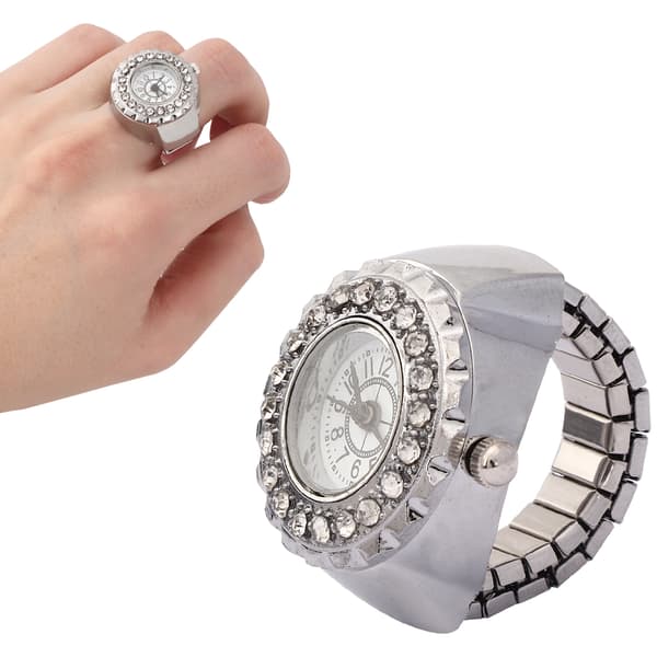 Fingerring Klokke Glitrende Rhinestone Dekorasjon Kvarts Ring Klokke for Kvinner Sølv