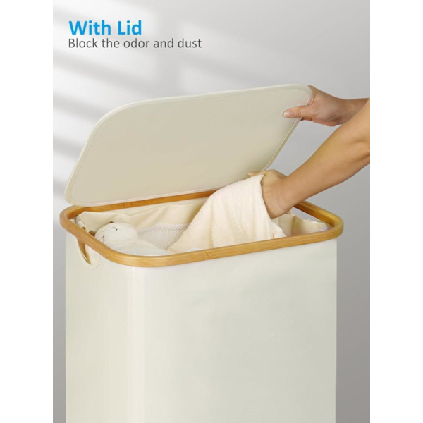 Laundry Basket on Wheels 100L - Slim Laundry Hamper with Lid, Bamboo Handle & Removable Bag Beige