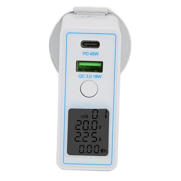 USB C Wall Charger PD QC 3.0 2 Ports Fast Charging Block AC100‑240V with Button Switch Display Portable Charger US Plug with UK Adapter