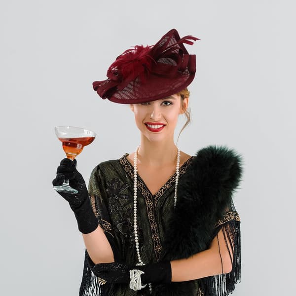 Fascinator hat med fjedre til kvinder, hårtilbehør til gallafest og bryllup, let pandebånd, bordeaux til festlige lejligheder -