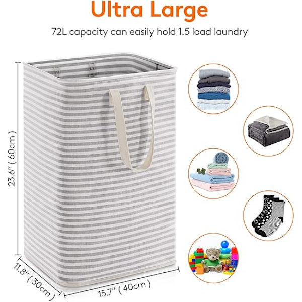 72L Grey Striped Laundry Hamper, Foldable Waterproof Fabric, Large Capacity