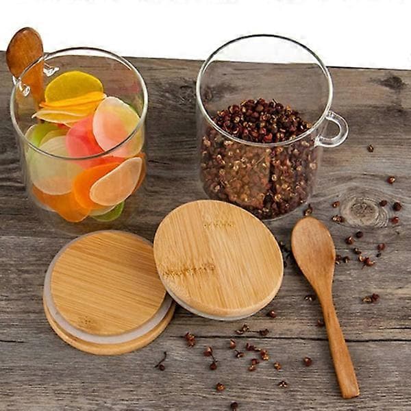 2X Glas Mat Lufttät Burk Twist Lock Kök Godisförvaringsburk Bambu Mat Med Nest