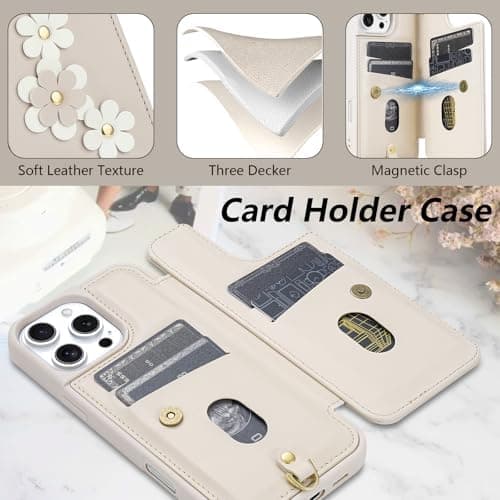 iPhone 16 Pro Max-etui, pung med kortpladser, sødt blomsterdesign, skuldertaske til kvinder, PU-læder Magn