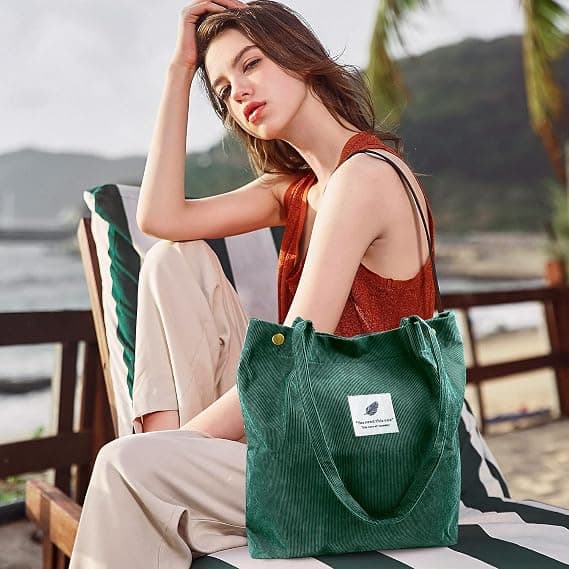 Corduroy Tote Bag för Kvinnor Canvas Axelväska med Innerficka