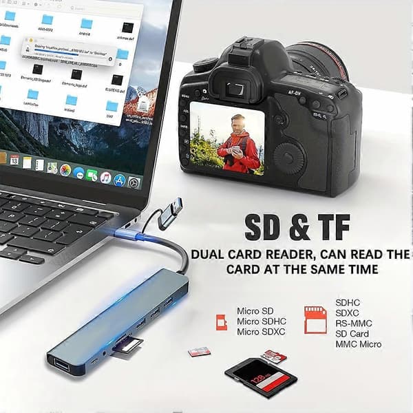 USB C 8-in-2-moniporttihubiadapteri 1 x USB 3.0/3 x USB 2.0 -dataportit/3,5 mm ääniliitännät puhelimille