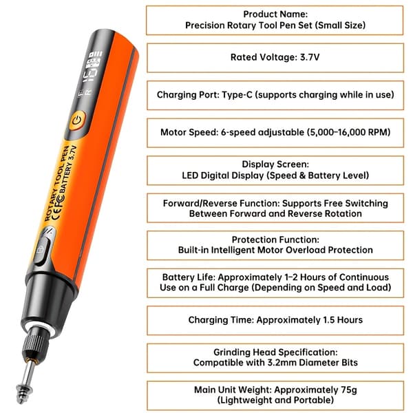 40-in-1 Mini Electric Drill/Grinder/Polisher/Engraving Kit - 6-Speed Handheld Rotary Tool with LCD Display, 40 (Drill Grå-101.6 cm En