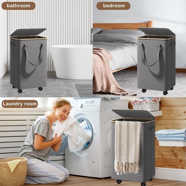 Large Laundry Basket with Wheels - 70L Foldable Laundry Hamper with Lid and Removable Inner Bag_TF_TF Grey Grå