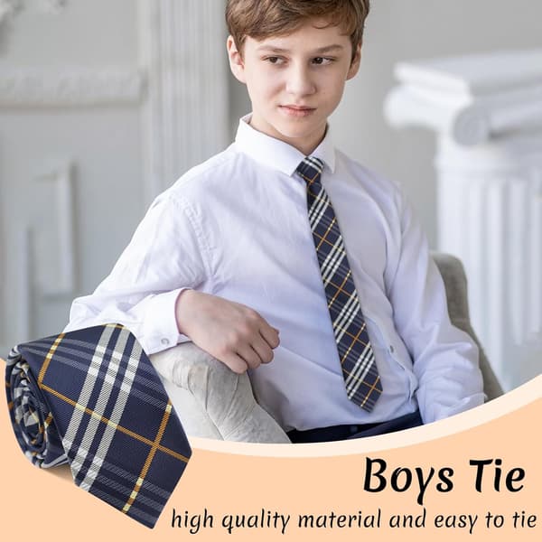 Drengebinder - Selvbinder til skole og dimission, ternet stribet design marineblå Navy Plaid