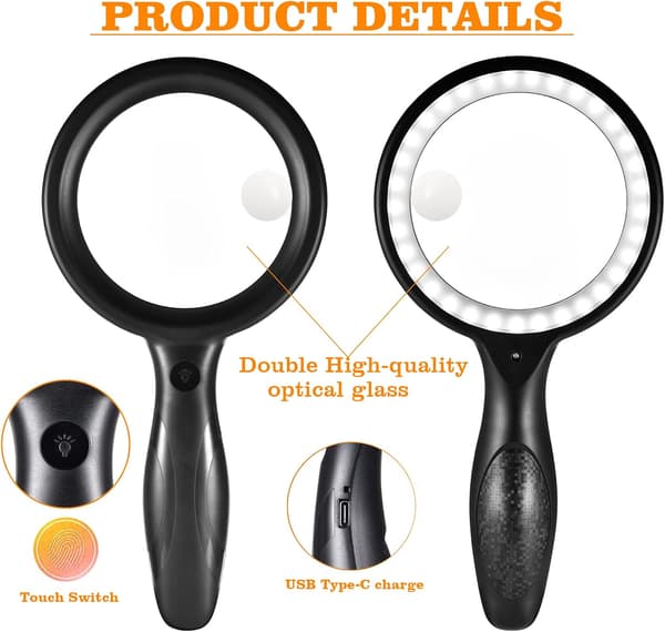 Illuminated Reading Magnifier, Rechargeable Magnifying Glass with 33 LED Lights